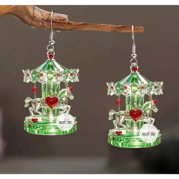 Green Carousel Dangle Earrings with Hearts - Picture 1 of 3